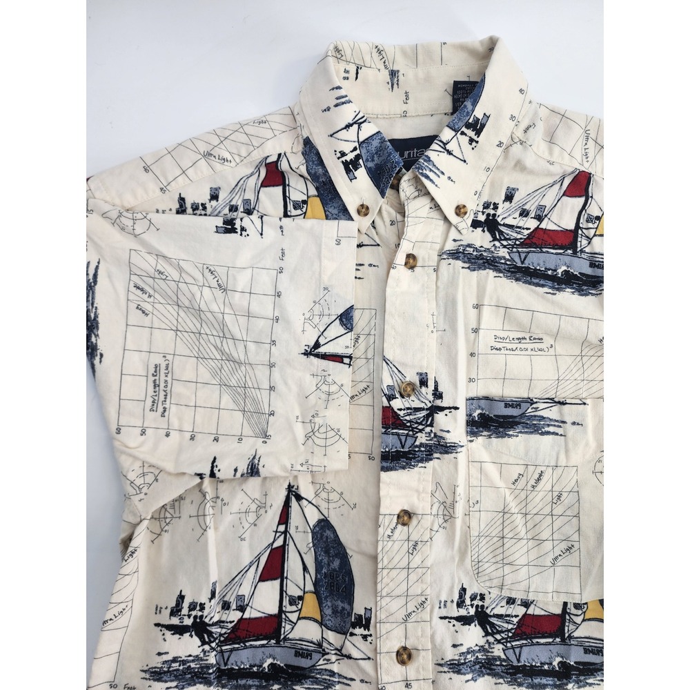 Puritan Sailboat Nautical Chart Button Down Shirt Small Cotton Short Sleeve